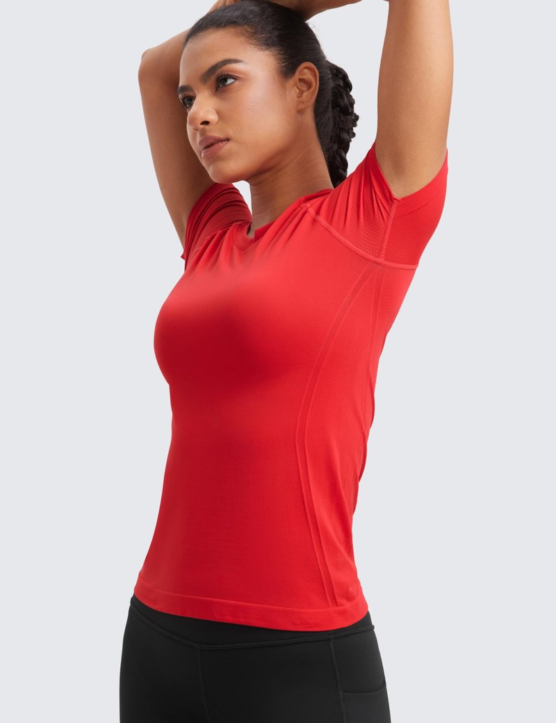 CRZ YOGA Seamless Workout Tops for Women Hip Length - Athletic Running Gym Yoga Short Sleeve Shirts Breathable Crewneck Tees Deep Red XX-Small