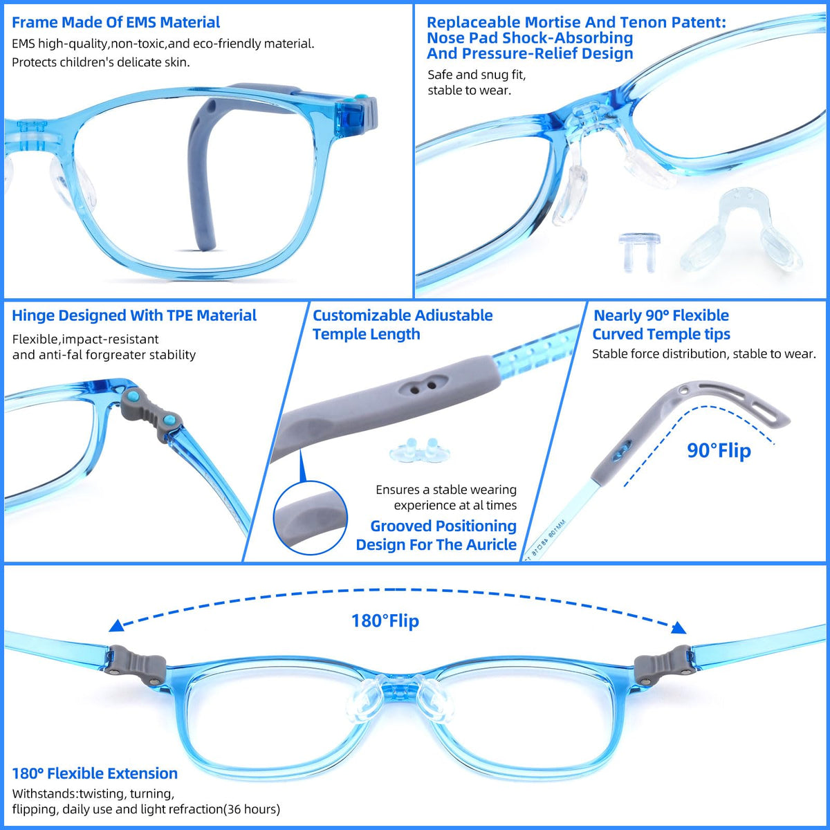 EYEBUDDY Kids Blue Light Blocking Glasses for Boys Girls, Computer Gaming Bluelight Glasses for Ages 3-10 (B02-Kids Blue Light Glasses-109Blue, Millimeters, Age7-13 | 55)