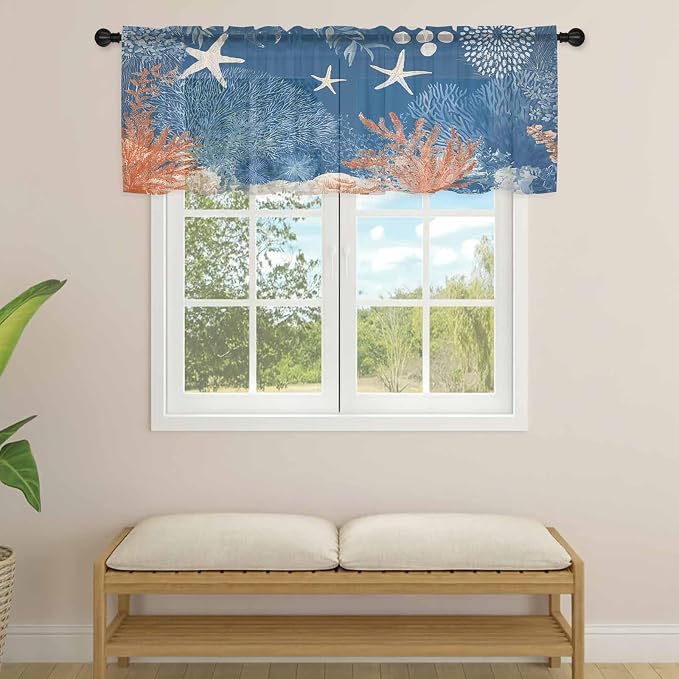 Ocean Corals Sheer Valance Curtains, Summer Beach Coral Sea Stars Dark Blue
