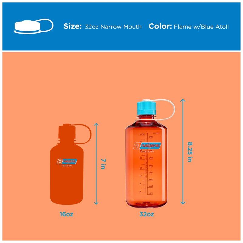 Nalgene 32 oz Narrow Mouth Water Bottle | BPA-Free, Durable & Leak Proof, Lghtweght for Hkng & Gym – Thrll & Moton, Flame w/Blue Atoll