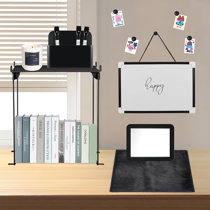 12 Pcs Locker Organizer and Decorating Kit, First Day of School Essentials for Girl Marble Print Whiteboard with Markers Locker Shelf Plush Area Rug String Light Mirror Magnetic Cup and Magnet (Black)