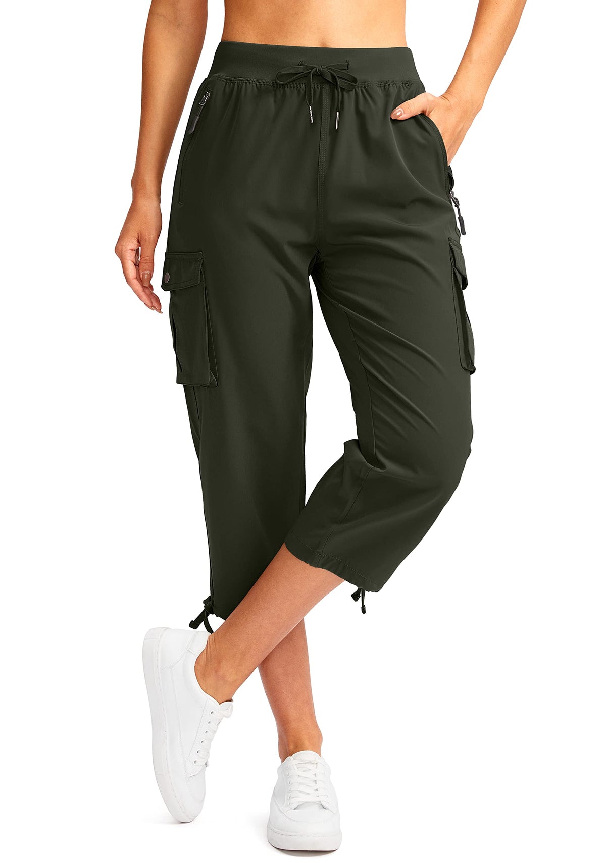 Soothfeel Women's Cargo Capris Pants with 6 Pockets Lightweight Quick Dry Travel Hiking Summer Pants for Women Casual (Army Green, 4XL)