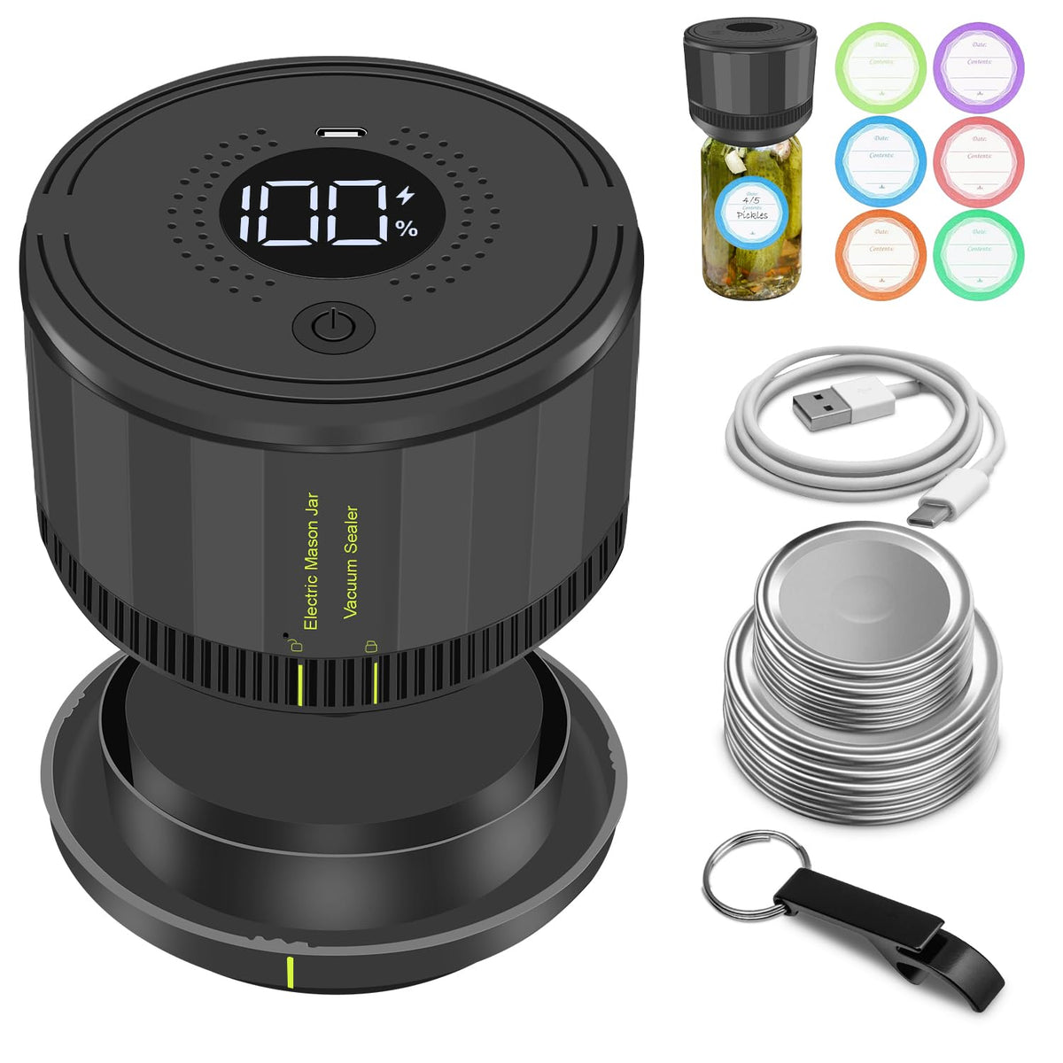 YK Siguoril Auto Stop Electric Mason Jar Vacuum Sealer, Vacuum Sealer Kit for Wide Mouth and Regular Mouth Mason Jars with Food Storage Labels for Freshness and Preservation
