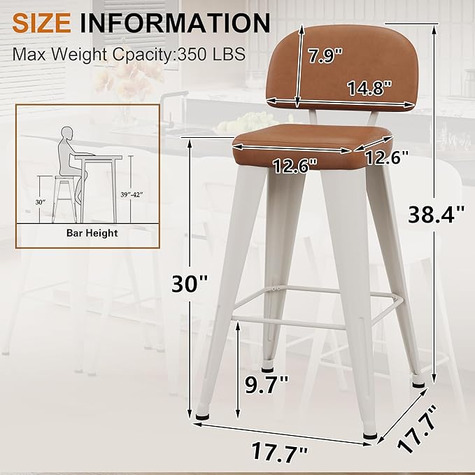 Aklaus PU Leather Metal Bar Stools 30 inch Faux Leather Bar Height Barstools Set of 2 Modern Farmhouse Bar Chairs with High Backs and Faux Leather Seat for Kitchen Island Dining Room White Brown