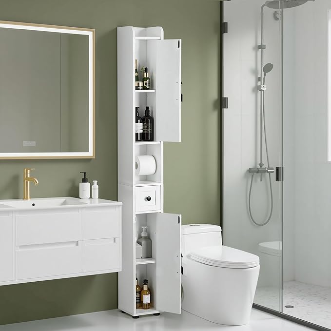 VECELO Tall Narrow Storage Cabinet with Adjustable Shelves, Slim Freestanding Bathroom Cabinet with Toilet Paper Holder, 2 Magnetic Doors & Drawer, for Small Spaces, 7.9" D x 7.9" W x 67" H, White
