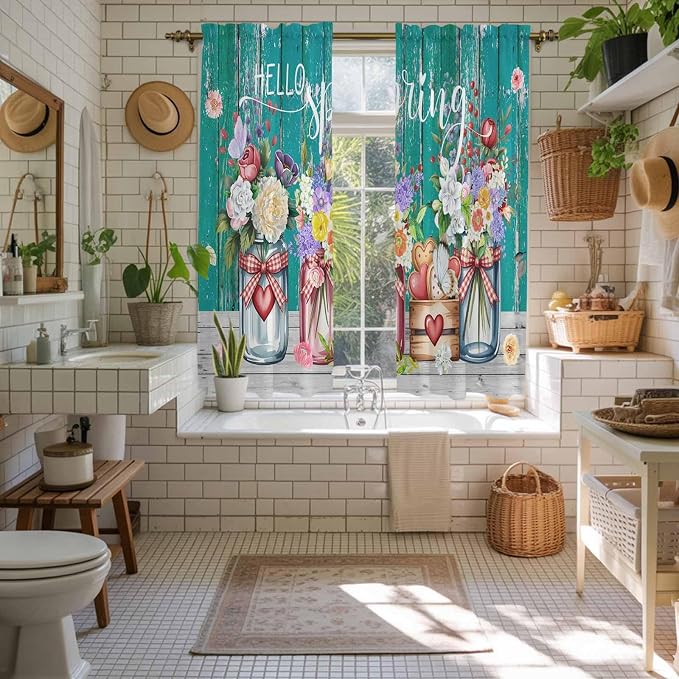 Spring Flowers Kitchen Curtains, Farmhouse Watercolor Teal Wood Grain Light