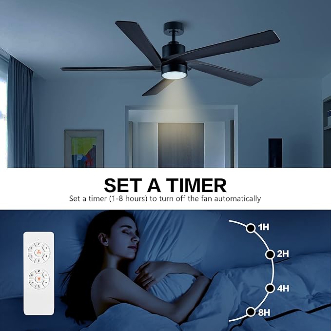 WINGBO 72 Inch DC Ceiling Fan with Lights and 3 Downrods, 5 Reversible Carved Wood Blades, 6-Speed Noiseless DC Motor, Large Ceiling Fan in Matte Black Finish with Walnut Blades, ETL Listed