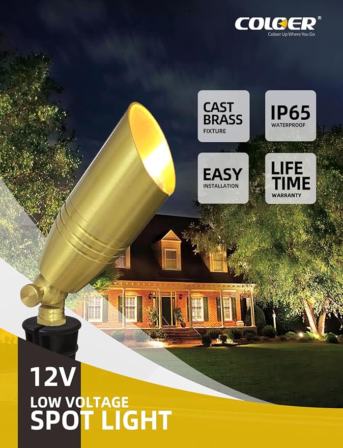 COLOER Die-cast Brass Landscape Spotlight 10-Pack Without Bulb,12V AC/DC Low Voltage Copper Outdoor Lighting with Ground Stake, Directional Garden Patio Spot Up Light (102B Copper Finish)