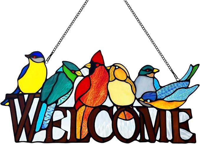 6 Birds Stained Glass Welcome Sign for Front Door Window Hanging Suncatcher, Handmade Tiffany Style Outdoor Welcome Signs Decor Gifts for Mom, Women, Bird Lovers, Bless This Home