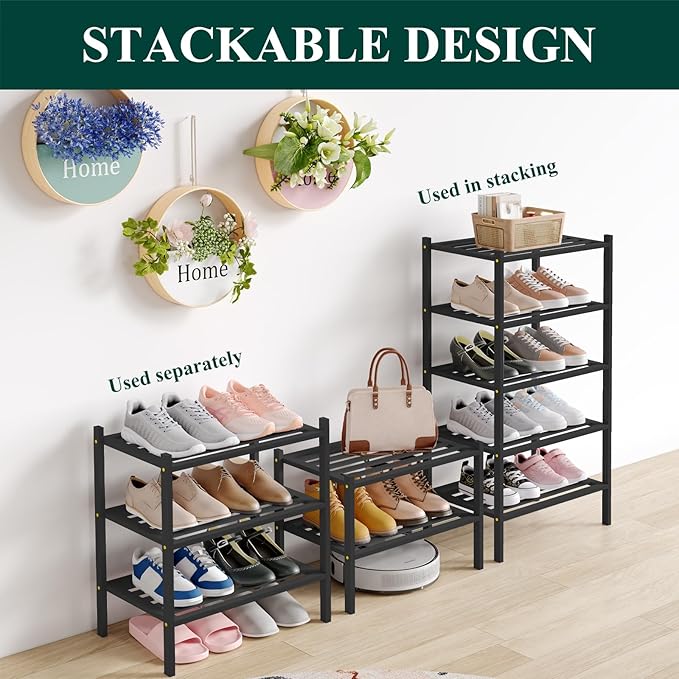 Smiry Small Bamboo Shoe Rack 5-Tier, Stackable Wooden Shoe Organizer for Entryway & Closet, Free Standing Wood Shoe Storage Shelf for Front Door & Small Spaces, Black