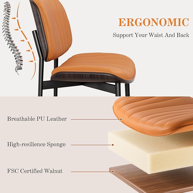 Dining Chairs Set of 8, Mid-Century Modern Upholstered PU Leather Chairs with Walnut Back and Metal Legs Adjustable Feet for Kitchen Dining Room, Orange Shell Strips