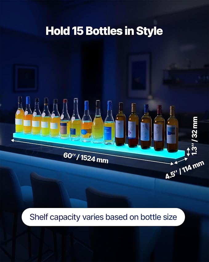 VEVOR LED Lighted Liquor Bottle Display, 1 Tier 60 Inches Whiskey Rack, Supports USB, Illuminated Home Bar Shelf with RF Remote & App Control, 7 Static Colors, Acrylic Lighted Shelf for 15 Bottles