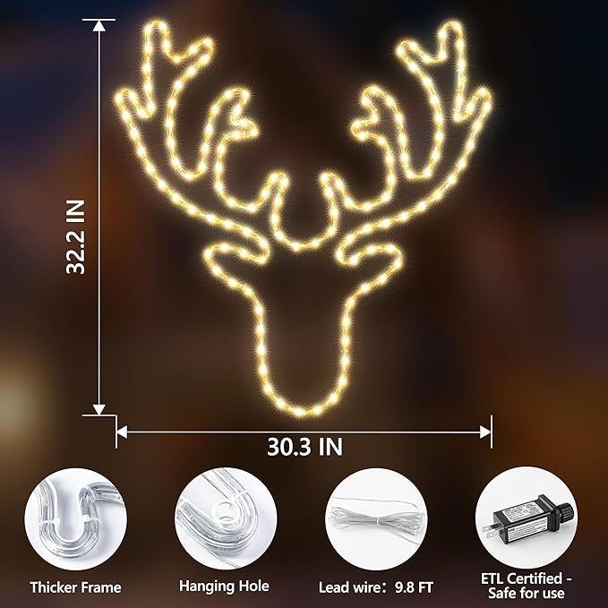 Joomer 32'' Christmas Lights Outdoor Waterproof LED Deer Decoration Neon with Timer for Outdoor Home Party Wall Hanging Light(Warm White)