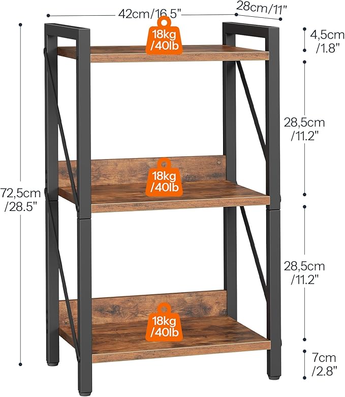 HOOBRO Bookshelf, 3-Tier Industrial Bookcase, Book Shelf Storage Organizer, Small Bookshelf with Metal Frame for Living Room, Bedroom, Home Office, Kitchen, Rustic Brown and Black BF71SJ01