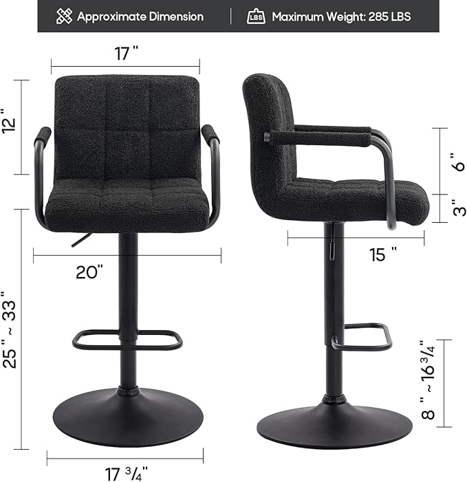 Furnimart 30" Artificial Sherpa Upholstered Bar Stool, Adjustable Counter Stools Bar Chairs Modern Design Swivel Barstools Hydraulic Stools for Kitchen and Dining Room Set of 2 (FauxFur-Black)