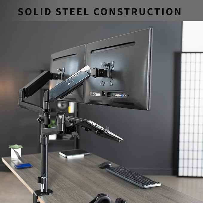 VIVO Laptop and Dual 17 to 32 inch Monitor Pneumatic Arm Mount, Fits 2 Flat or Curved Computer Screens and 10 to 15.6 Inch Notebooks, Laptop Tray, C-clamp, Grommet Mounting Base, Black, STAND-V003KL