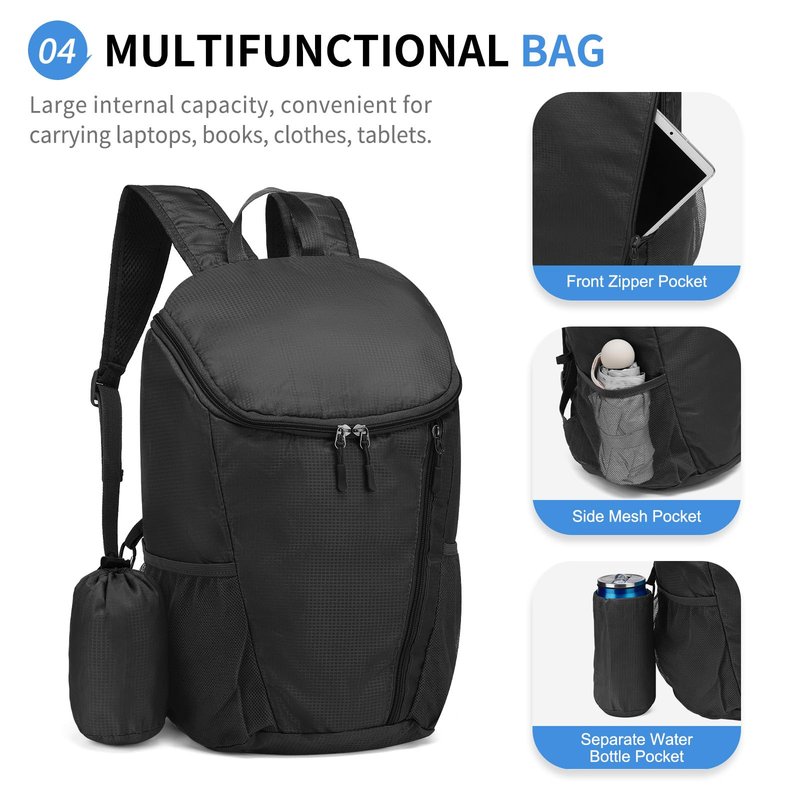 SUIKIHUM Hiking Backpack, 20L Packable Daypack for Men Women, Nylon with Adjustable Straps, Lightweight Waterproof Outdoor Camping Travel, Black