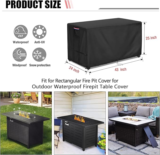 Youlvy Fire Pit Cover Rectangular 43 Inch - Waterproof Outdoor Fire Table Cover Rectangle Heavy Duty, 600D Patio Propane Gas Firepit Cover Rectangular Tear Weather Resistant - 43 x 24 x 25 Inch