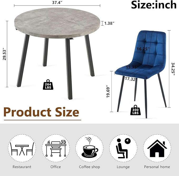 5-Piece Dining Room Table Set for 4, Round Kitchen Table Set, Grey Engineered Wood Coffee Breakfast Table with Hooks, 4 Soft Velvet Kitchen Dining Chairs, Metal Legs