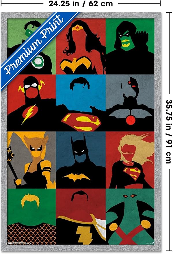 DC Comics Justice League - Minimalist Wall Poster, 34L" x 22.4W", Gray Framed Version