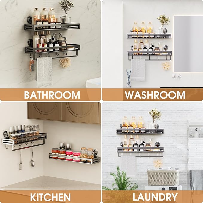 Shower Caddy Suction Cup, 11.8 inch Suction Shower Shelf with Hooks NO-Drilling Bathroom Holder, Rustproof Bathroom Organizer, Dark Grey