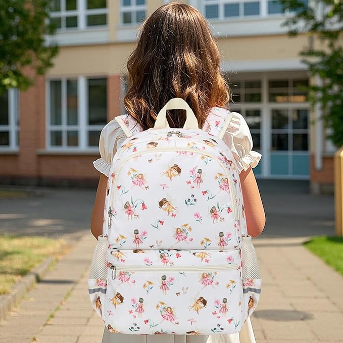 DSIUE Kids Backpack for Girls Elementary BookBags Teens School Backpack with Lunch Box Flower Fairy Beige