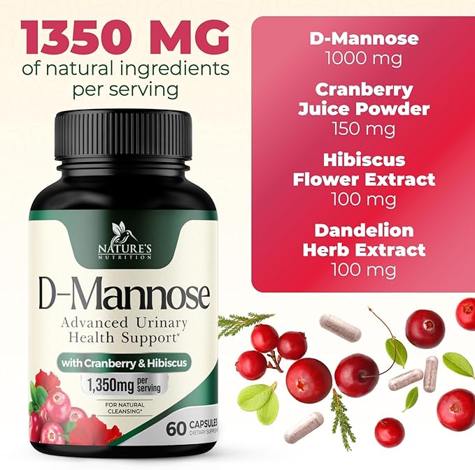 DMannose Pills with Cranberry 1350mg Advanced Formula - Effective Natural Bladder, Urinary Tract Health Support, Flush Impurities - D Mannose Supplements for Women & Men, Non-GMO, Vegan - 60 Capsules