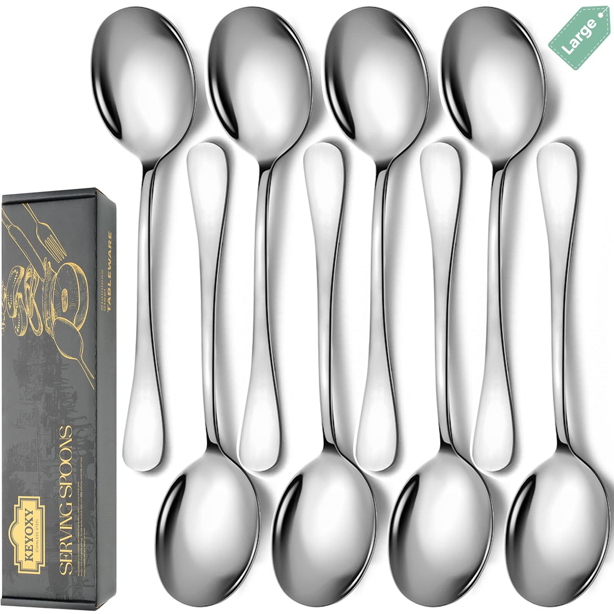Keyoxy Stainless Steel Serving Spoons Set, 8pc, 10-Inch, Includes 4 Large, 4 Slotted, for Parties/Kitchen/Buffet/Catering, Dishwasher Safe