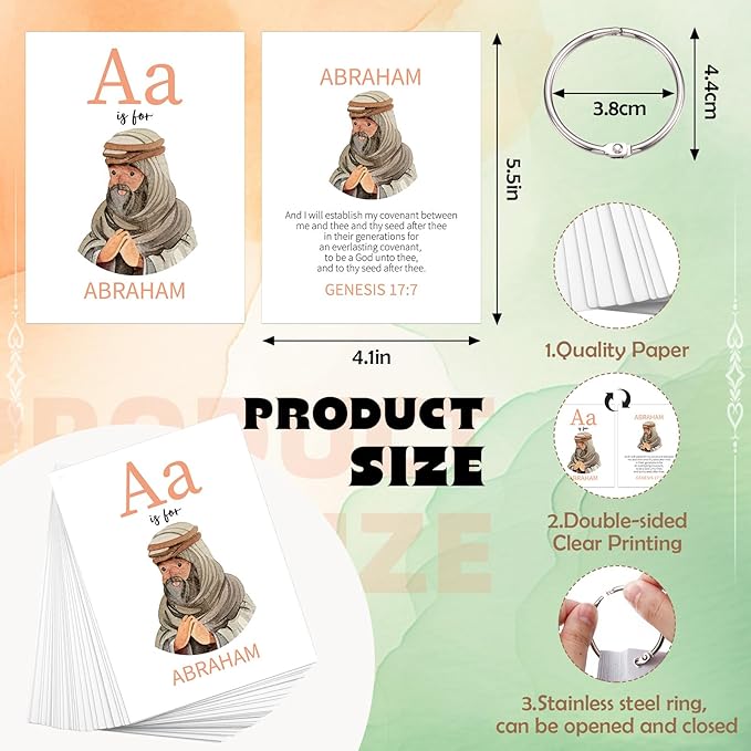 Skyygemm 26 Pcs Bible ABC Flash Cards Christian Bible Verse Alphabet Cards KJV Version Religious Scripture Memory with Stainless Steel Ring for Preschool Sunday School Toys Basket Suffers