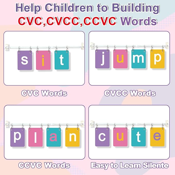Colorful CVC Word Builder with 117 Alphabet Flash Cards Phonics, Adjustable CVCC & CCVC Flip Charts with Holder Spelling Game Bulletin Board Letters for Home Wall Decor Supplies