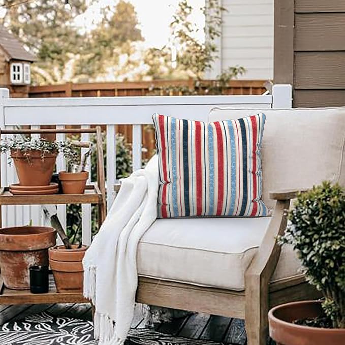 LVTXIII Outdoor Throw Pillows 18x18 Patio Waterproof Square Pillows with Piping Fade Resistant Accent Pillow for Spring Summer Garden Decoration, Set of 2, Stripe Red Blue