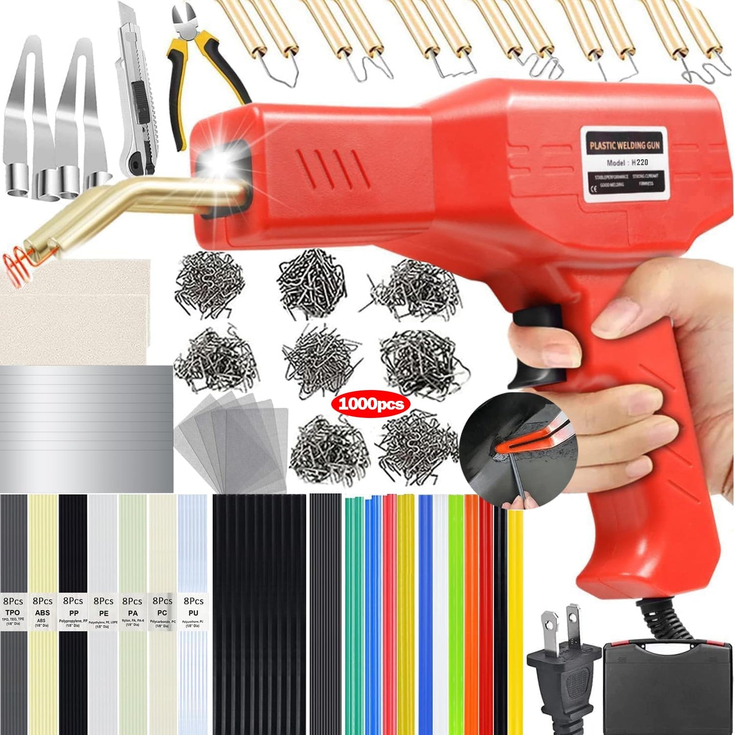 Upgraded 220W Plastic Welder, 2 in 1 Plastic Welding Kit Plastic Repair Welder Kit 1000PCS Hot Stapler Soldering Gun with 100PCS Plastic Welding Rods Car Bumper Repair Kit for Most Plastic Repair