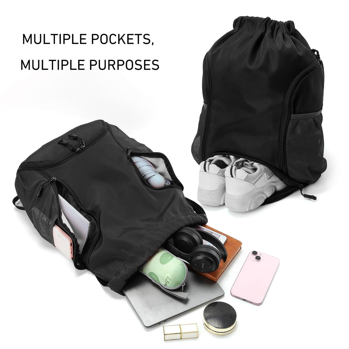 Valleycomfy Sports Gym Bag Drawstring Backpack with Shoes Basketball Bag and Two Water Bottle Holder,Black
