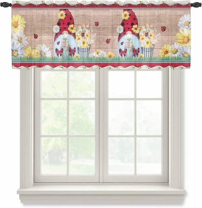 Ladybug Gnome Sheer Valance Curtains, Country Summer Rustic White Yellow Daisy