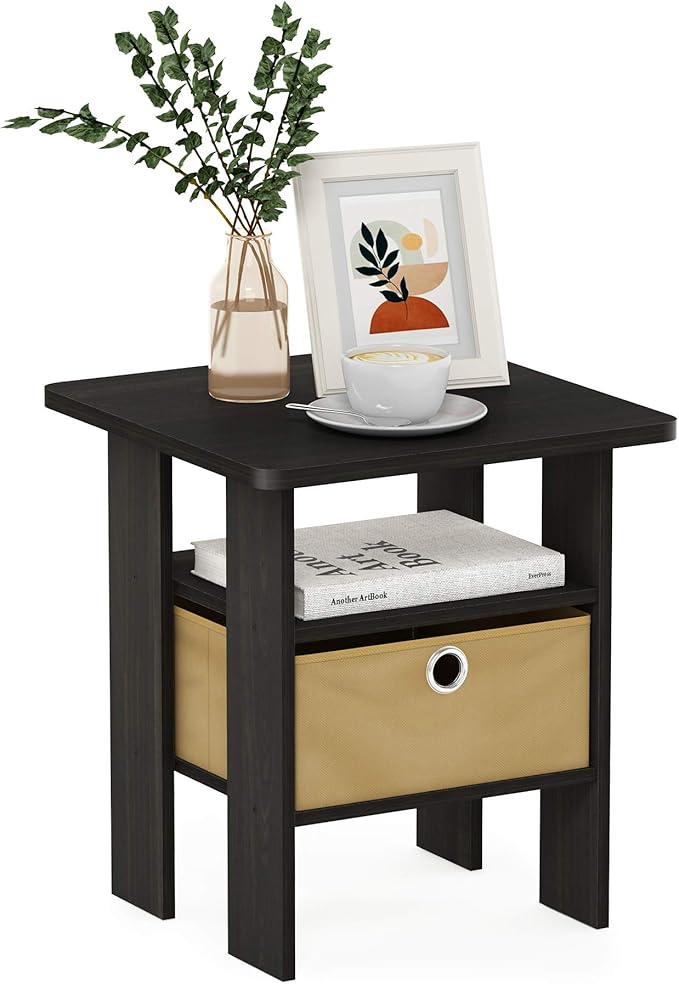 Furinno ANDREY Side Table, End Table, Night Stand with Open Shelves and Storage Bin, Bedside Table, for Living Room, Bedroom, Dark Espresso