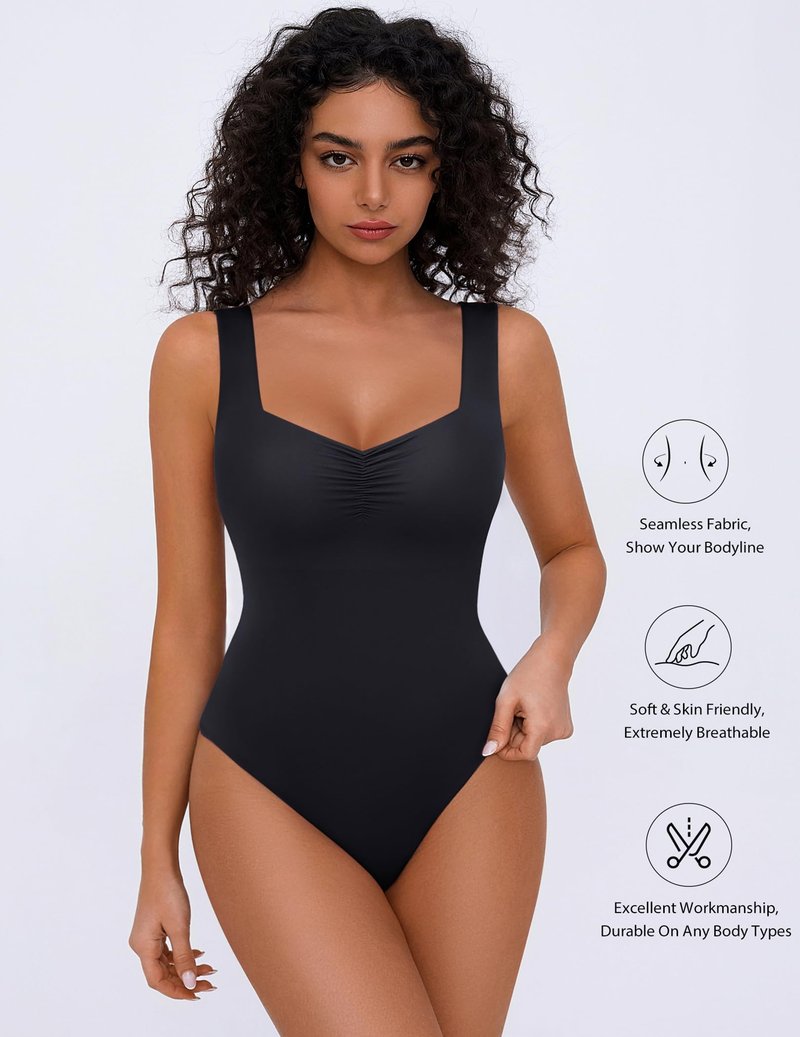 Avidlove Black Bodysuit Women Sweetheart Neck Ruched Body Suits Seamless Double Lined Tank Top Slimming