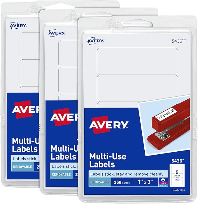 Avery Multi-Use Removable Labels, 1" x 3", Print or Write ID Labels, White, 750 Total (3-Pack of 35436)