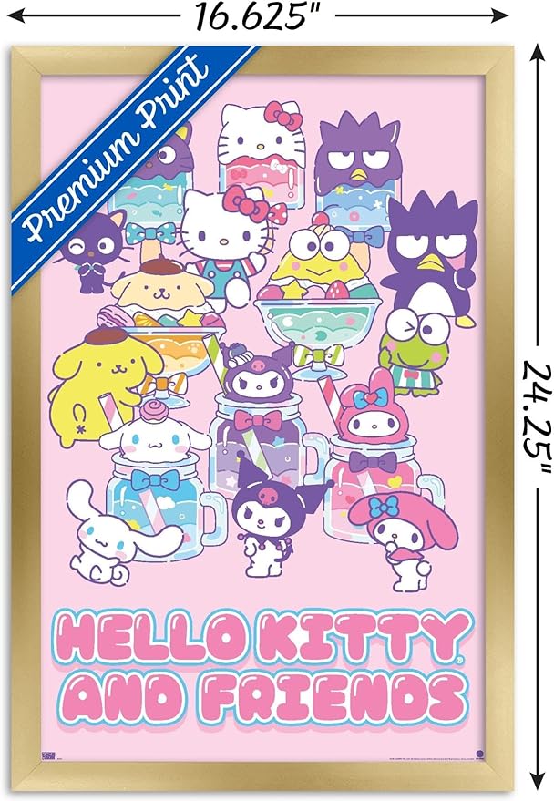 Trends International Hello Kitty and Friends: 24 Summer Fresh - Group Wall Poster, 22.4L x 14.7W, Gold Framed Version