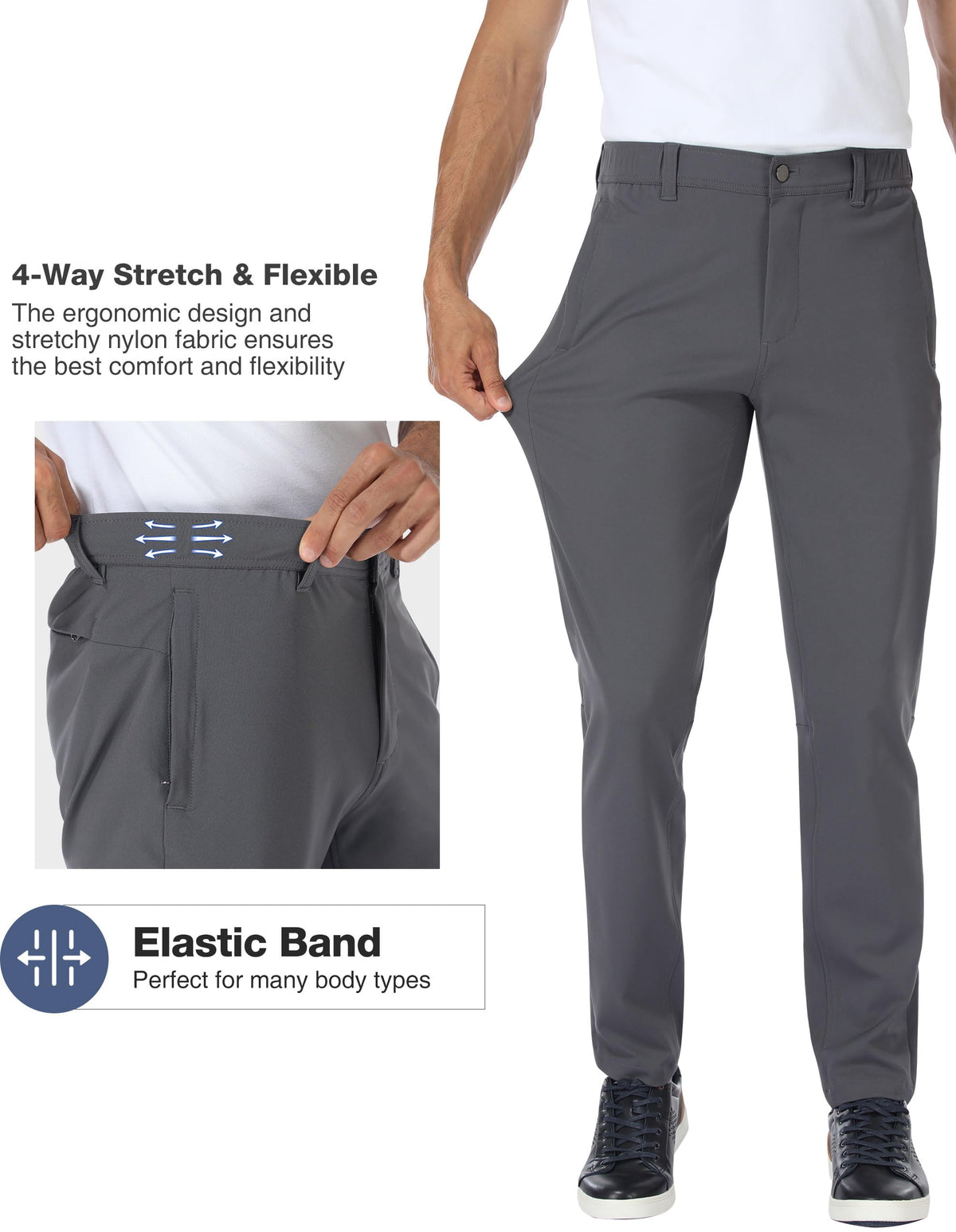 PULI Mens Golf Pants Stretch Dress Slim Fit Pants Waterproof Comfy Casual Work Tapered Pants with Pockets Grey,34Wx32L