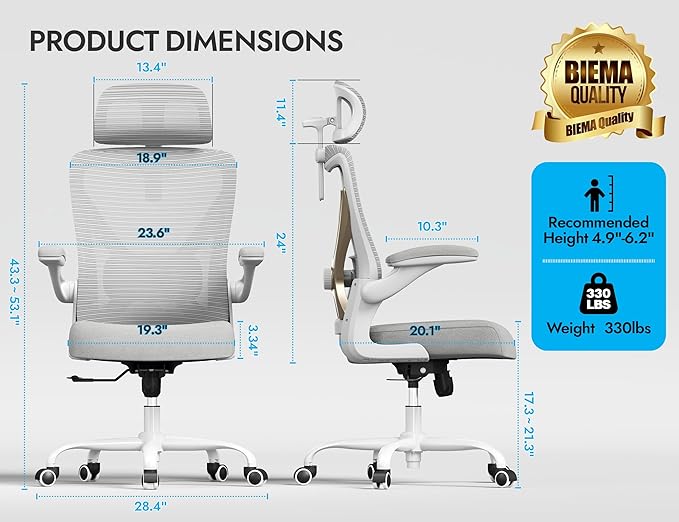 Ergonomic Office Chair-Computer Desk Chairs Comfy, Mesh High-Back Gaming Chair with Adjustable Lumbar Support & Headrest, Executive Task Chair for Adults, Comfortable for Long Hours (Gold)