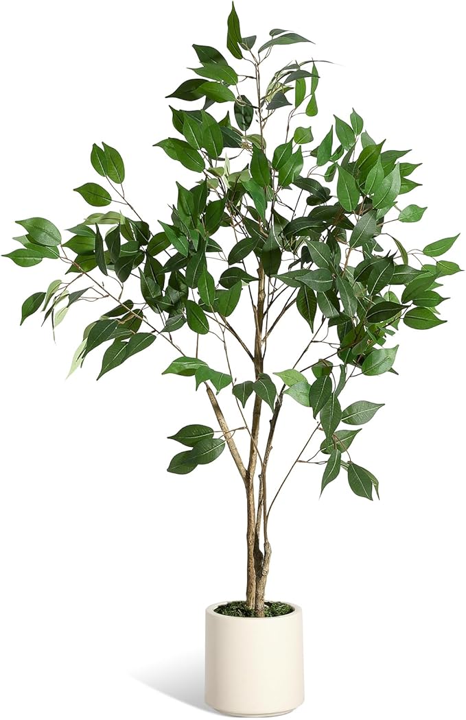 4FT Ficus Trees Artificial Indoor, Faux Silk Plant with Natural Wood Trunk and Lifelike Fruits, White Imitation Ceramic Planter with Green Fake Moss for Modern Home Office Living Room Decor