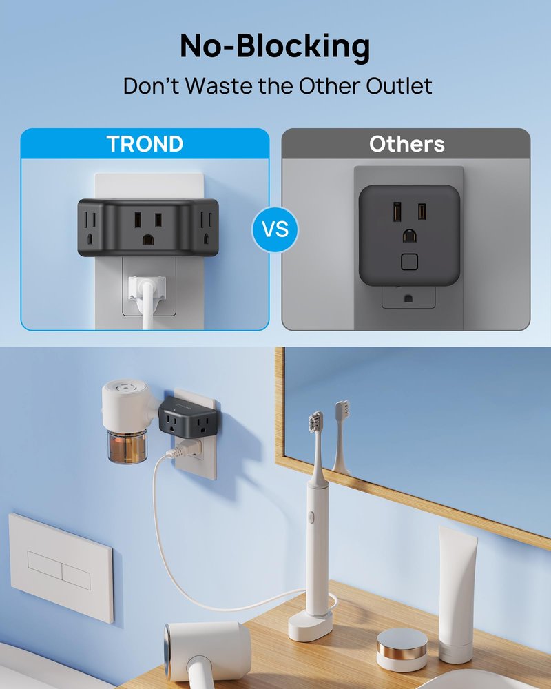 TROND Outlet Extender - 3 Prong Grounded Plug Extension Outlet, 3 Way Angled Wall Plug Splitter, Cruise Ship Essentials, Multiple Expander with 3 Electrical Sockets for Bathroom, Kitchen, Black