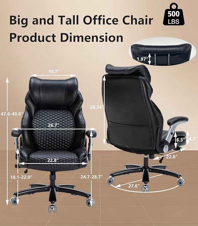 Office Chair Big and Tall 500lbs, Desk Chair Comfy, Oversized Computer Gaming Chair Extra Wide, Executive PU Leather Heavy Duty, Flip-Up Arm&Ergonomic Lumbar Support with Rubber Wheel