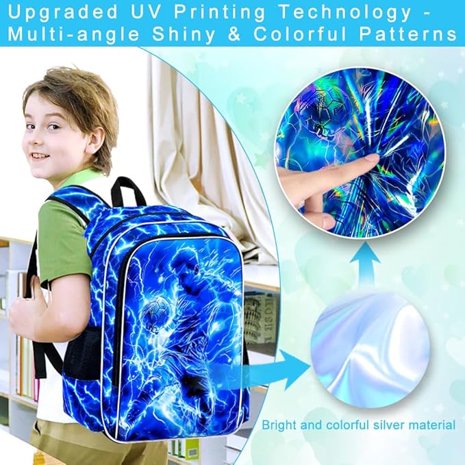 KLFVB 3PCS Backpack for Boys, 17" Football Bookbag and Lunch Box, Water Resistant Teenagers School Backpacks for Middle Elementary - Lightning Soccer
