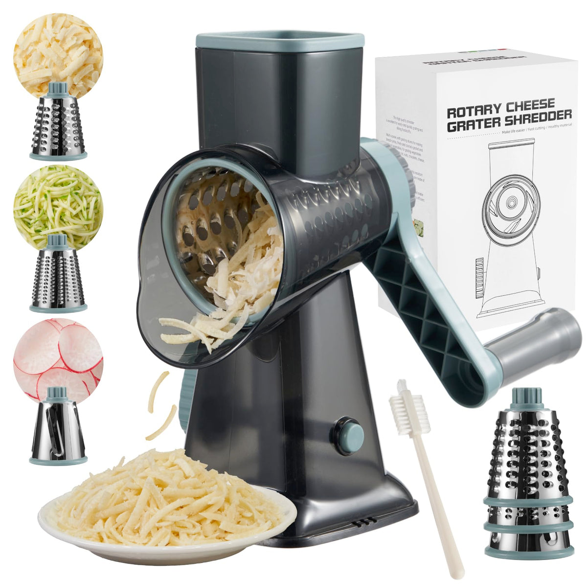 ALEXPHY Rotary Cheese Grater Hand Crank, 5 blades Cheese shredder, Stronger Suction, Easy to Clean for Fruit, Vegetables, Nuts, White