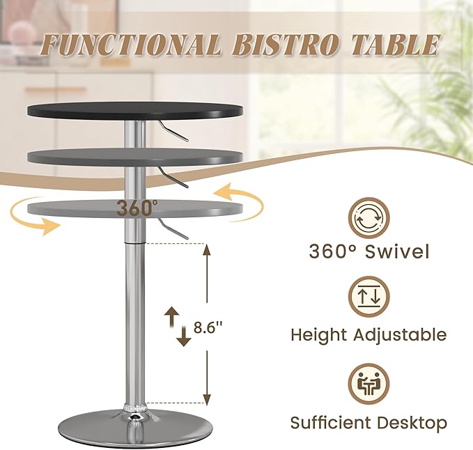 Shahoo Round Bar Table, Adjustable Height and 360° Swivel Bistro Pub Table, Cooktail Table for Bar, Bistro, Dining Room, Black with Silver Base