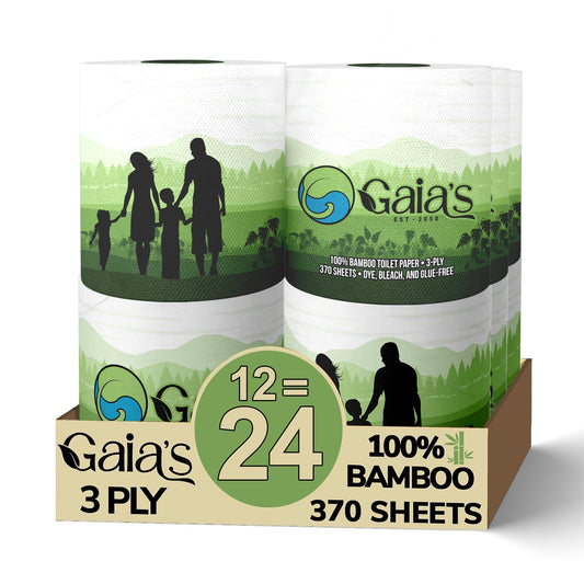 Gaias Premium and Soft Organic Bamboo Toilet Paper | 12 Mega Rolls, 3 Ply, 370 Sheets | FSC Certified, PFAS & BPA Free, Eco-Friendly, Sustainable Tissue - Plastic Free, Septic Safe, Vegan