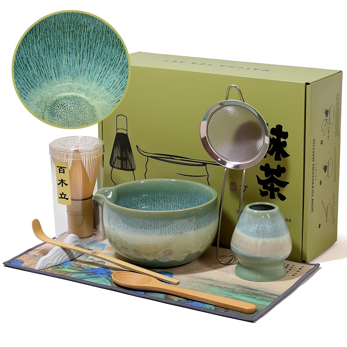 Matcha Whisk Set with Ceramic Bowl - Bamboo Whisk (Chasen), Scoop, Sifter & Holder - Complete Kit for Traditional Matcha Tea - Unique Gifts for Women, Men, Tea Lovers (Luminous-Auric-Sands)