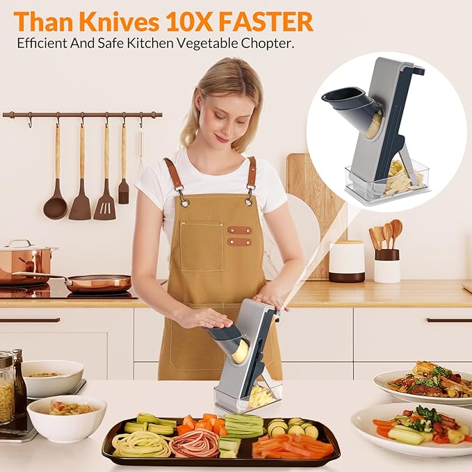 FEICO Safe Mandoline Slicer for Kitchen, Adjustable 0.5–8 mm, Stainless-Steel Blades, Anti-Slip, Dishwasher-Safe Handheld Mandoline Slicer, Compact Mandoline Food Slicer