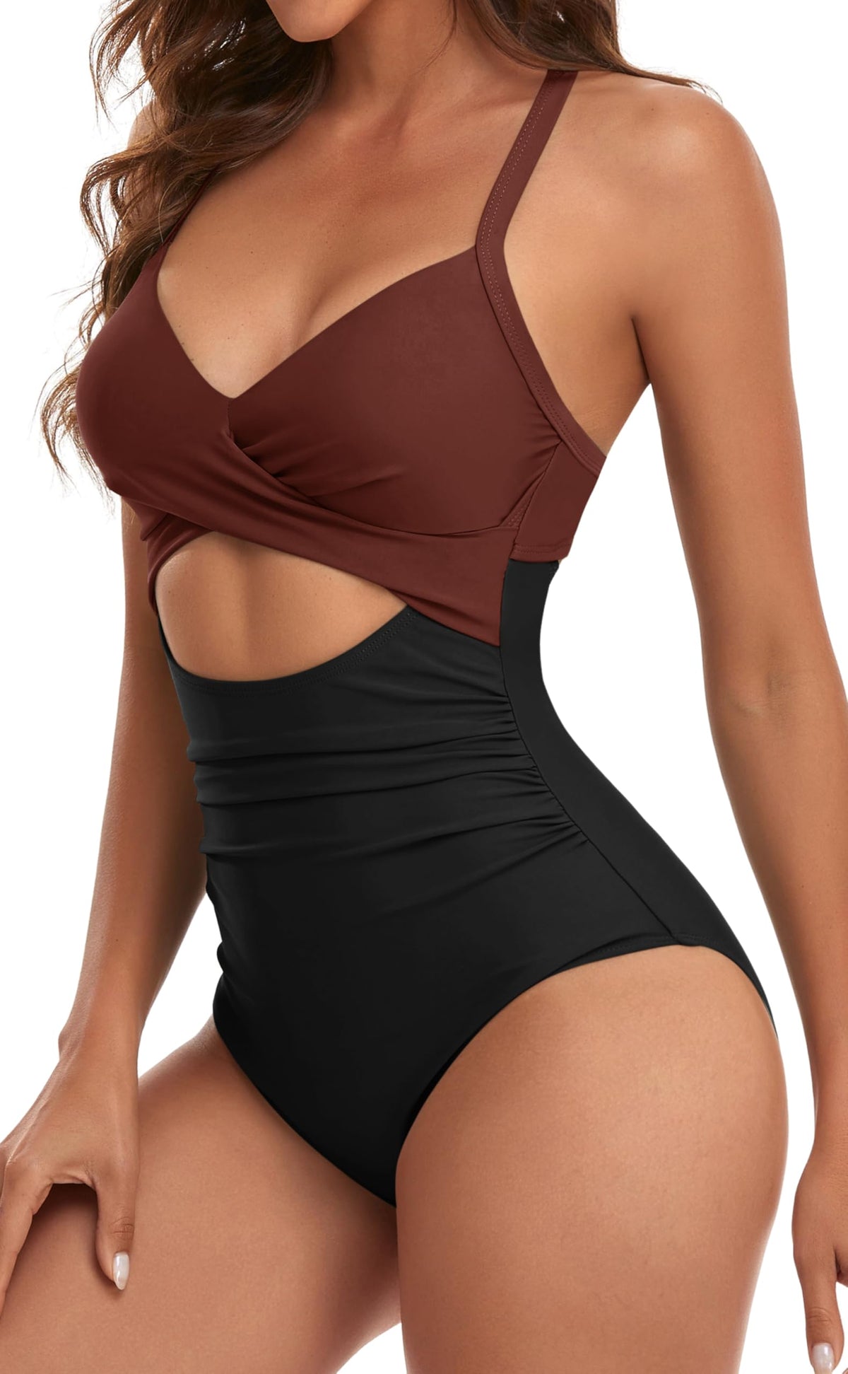 Eomenie Women's One Piece Swimsuits Tummy Control Cutout High Waisted Bathing Suit Wrap Tie Back 1 Piece Swimsuit Caramel, Black